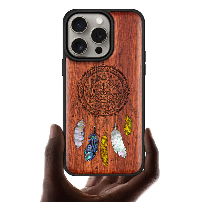 Dreamcatcher's Embrace, Hand-Inlaid Wood & Mother of Pearl Case - Artisanal Cover for Apple iPhone