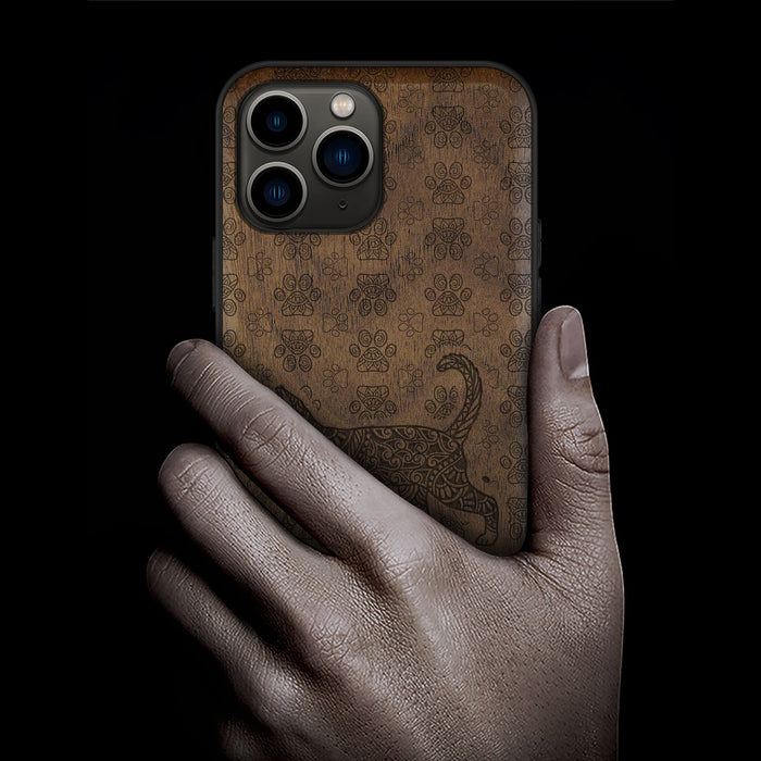 Majestic Tribal Feline, Classic Engraved Wood & TPU Case - Artisanal Cover for Apple iPhone