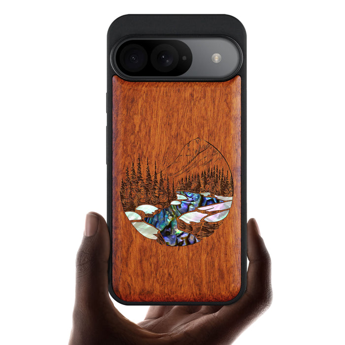 The Lake and Mountain Landscape, Hand-Inlaid Wood & Mother of Pearl Case - Artisanal Cover for Google Pixel