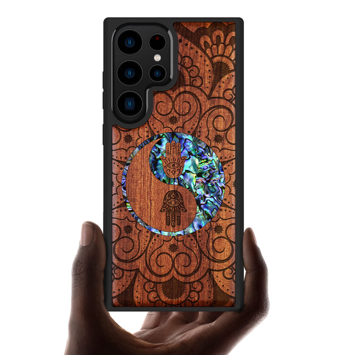 Tranquil Harmony Mandala, Hand-Inlaid Wood & Mother of Pearl Case - Artisanal Cover for Samsung Galaxy