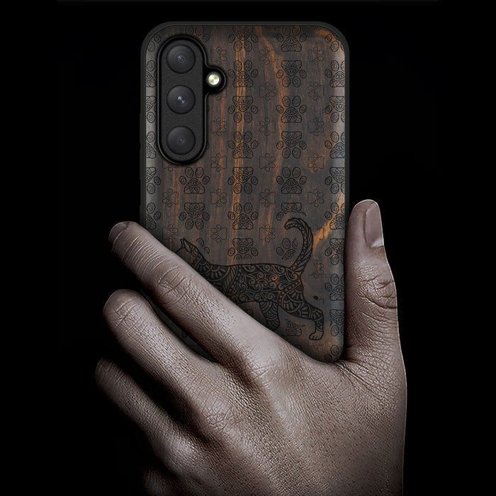 Majestic Tribal Feline, Classic Engraved Wood & TPU Case - Artisanal Cover for Samsung Galaxy