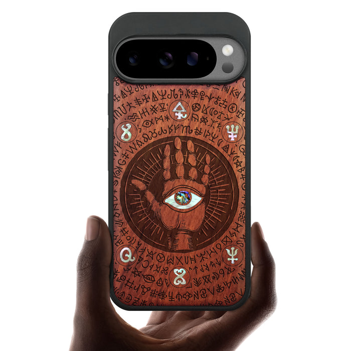 The Enigmatic Eye, Hand-Inlaid Wood & Mother of Pearl Case - Artisanal Cover for Google Pixel