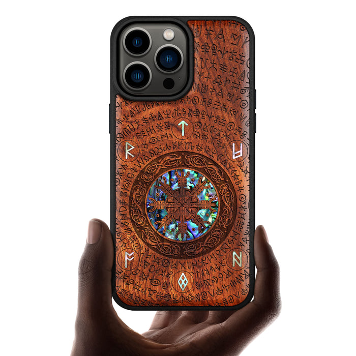 The Shield of Dragons and Awe, Hand-Inlaid Wood & Mother of Pearl Case - Artisanal Cover for Apple iPhone