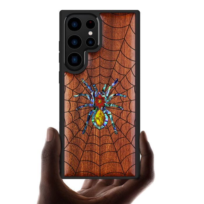 Spider Web, Hand-Inlaid Wood & Mother of Pearl Case - Artisanal Cover for Samsung Galaxy