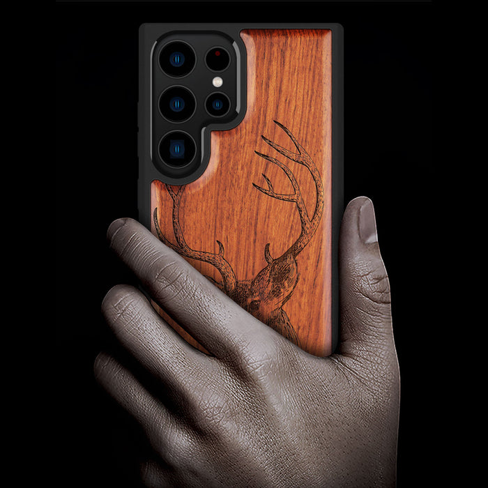 The Half-Length Deer Linework Art, Classic Engraved Wood & TPU Case - Artisanal Cover for Samsung Galaxy