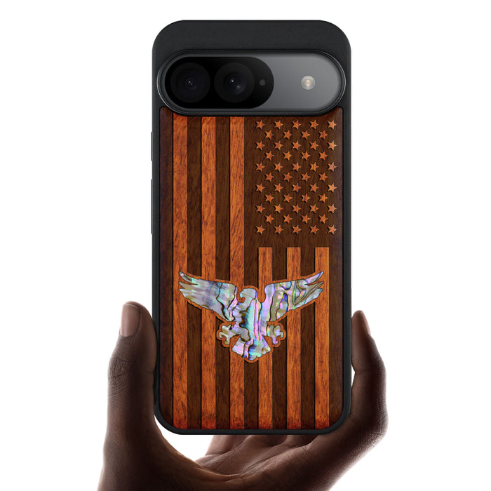 Bald Eagle and Flag, Hand-Inlaid Wood & Mother of Pearl Case - Artisanal Cover for Google Pixel