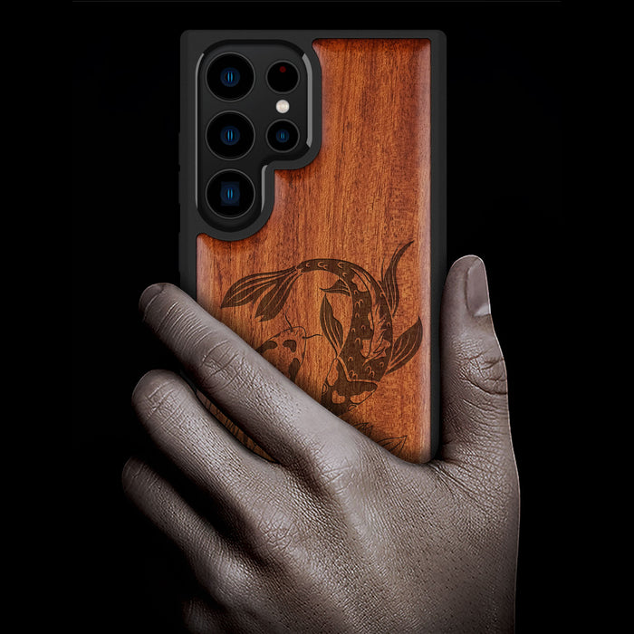 Yin-Yang Koi, Classic Engraved Wood & TPU Case - Artisanal Cover for Samsung Galaxy