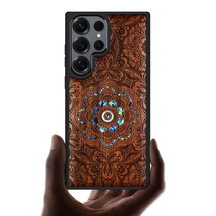 Ethereal Bloom Mandala, Hand-Inlaid Wood & Mother of Pearl Case - Artisanal Cover for Samsung Galaxy