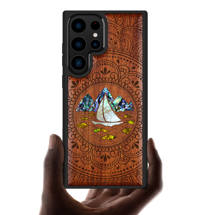 Oceanic Mandala Calm, Hand-Inlaid Wood & Mother of Pearl Case - Artisanal Cover for Samsung Galaxy