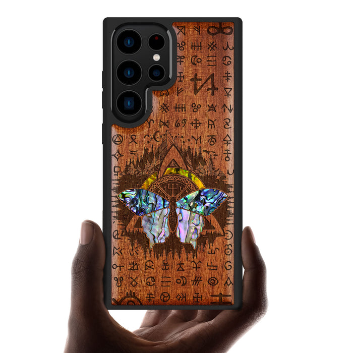 Celtic Butterfly, Hand-Inlaid Wood & Mother of Pearl Case - Artisanal Cover for Samsung Galaxy