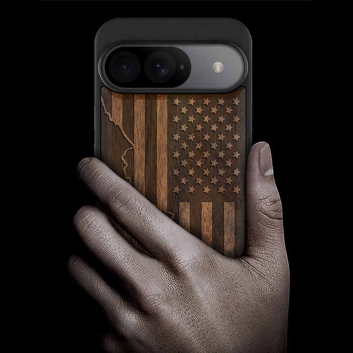 Virginia and Star Flag, Classic Engraved Wood & TPU Case - Artisanal Cover for Google Pixel