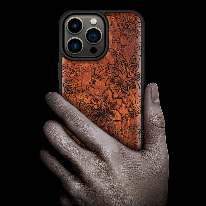 Floral Symphony, Classic Engraved Wood & TPU Case - Artisanal Cover for Apple iPhone