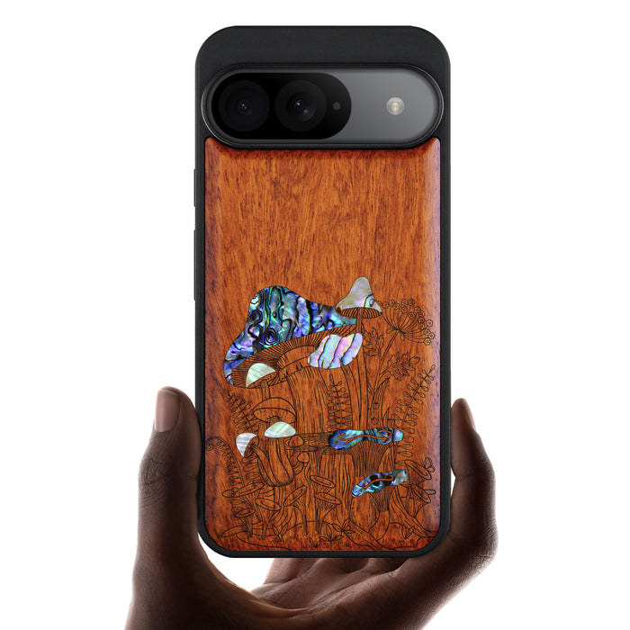 The Enchanting World of Mushrooms and Wildflowers, Hand-Inlaid Wood & Mother of Pearl Case - Artisanal Cover for Google Pixel