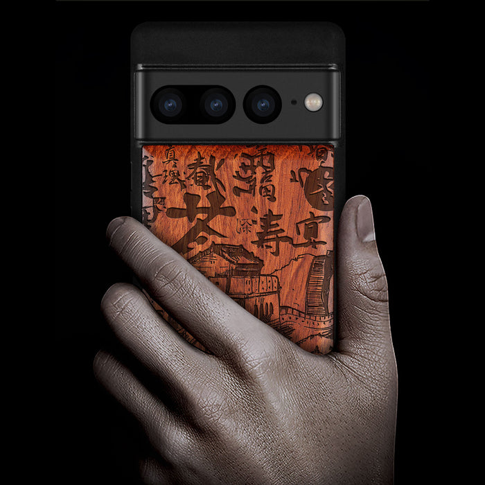 Hand Drawn Great Wall of China, Classic Engraved Wood & TPU Case - Artisanal Cover for Google Pixel