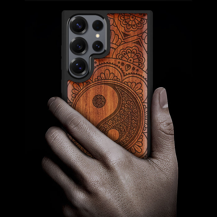 Yin Mandala Classic Engraved Wood & TPU Case Samsung Galaxy Artisanal Case View