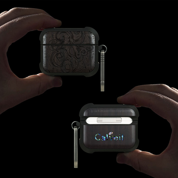 Celestial Cephalopod - Wood Artisan Engraved & Shell Hand-Inlaid Cover - Artisanal Case for Apple AirPods (Titanium Quick Released Clasp)