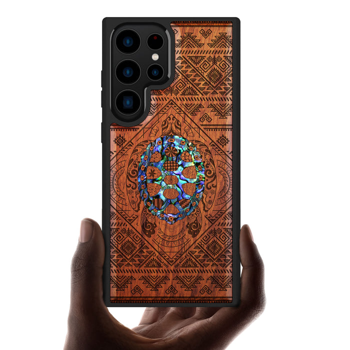 The Beautiful Turtle, Hand-Inlaid Wood & Mother of Pearl Case - Artisanal Cover for Samsung Galaxy