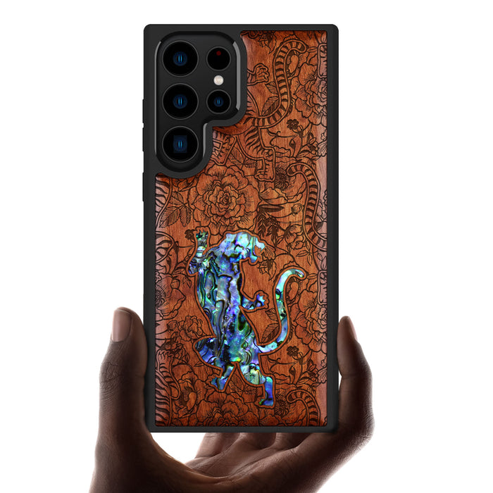 A Tiger Amidst Flowers, Hand-Inlaid Wood & Mother of Pearl Case - Artisanal Cover for Samsung Galaxy