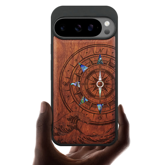 The Compass and the Wave, Hand-Inlaid Wood & Mother of Pearl Case - Artisanal Cover for Google Pixel