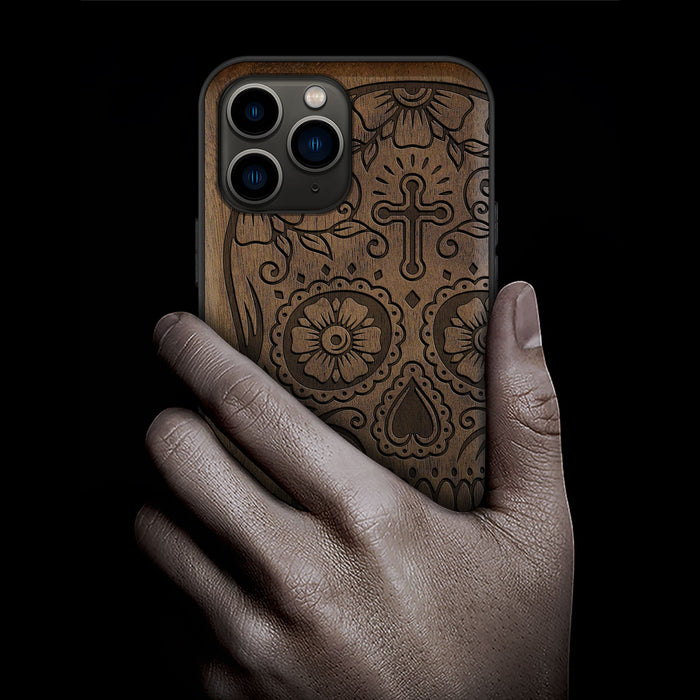 The Dia de los Muertos Sugar Skull, Classic Engraved Wood & TPU Case - Artisanal Cover for Apple iPhone