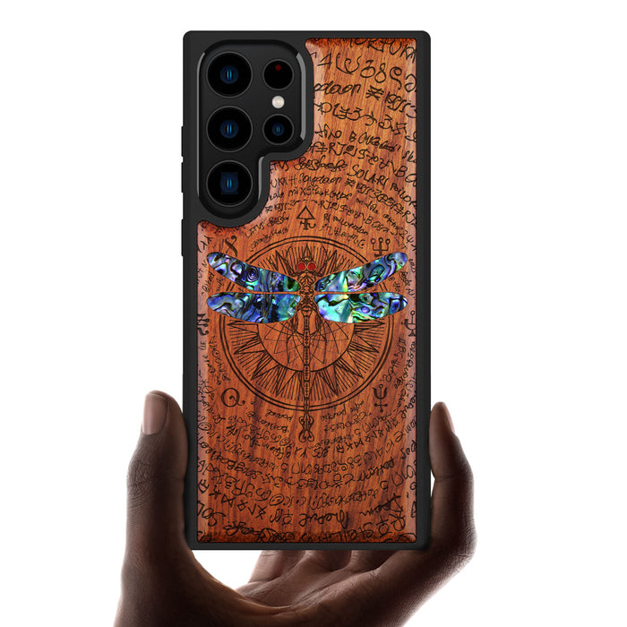 The Graceful Dragonfly, Hand-Inlaid Wood & Mother of Pearl Case - Artisanal Cover for Samsung Galaxy