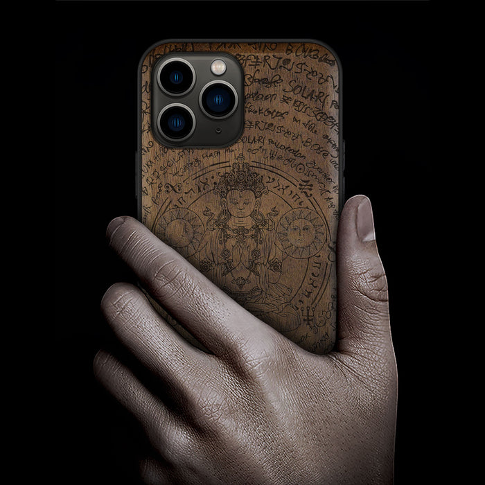 Hand-Drawn Buddha Amidst Mystical Runes, Classic Engraved Wood & TPU Case - Artisanal Cover for Apple iPhone