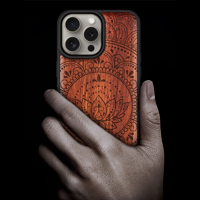 Lotus Mandala Essence, Classic Engraved Wood & TPU Case - Artisanal Cover for Apple iPhone