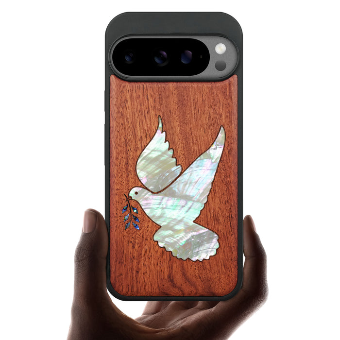 The Dove with Olive Branch, Hand-Inlaid Wood & Mother of Pearl Case - Artisanal Cover for Google Pixel