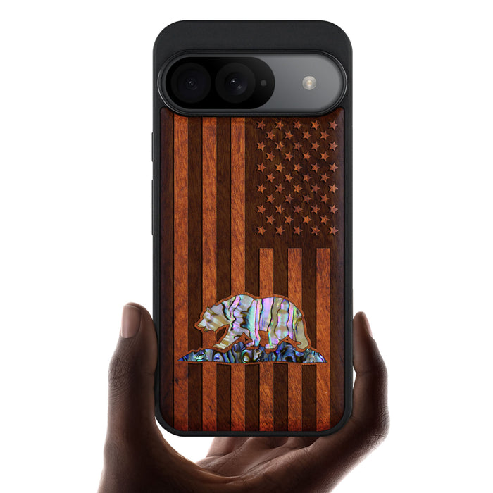 American Flag, Bear, Hand-Inlaid Wood & Mother of Pearl Case - Artisanal Cover for Google Pixel