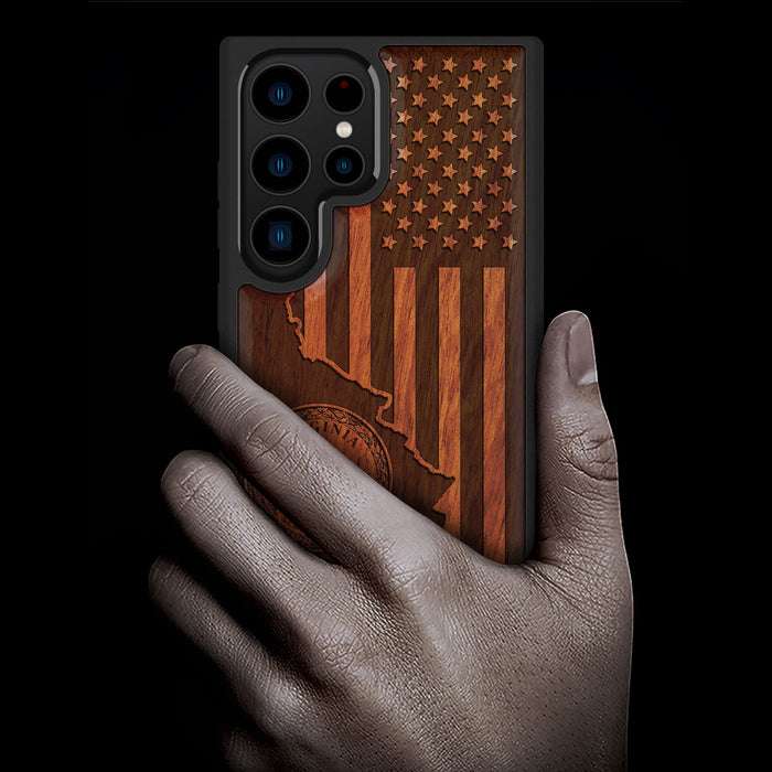 Virginia and Star Flag, Classic Engraved Wood & TPU Case - Artisanal Cover for Samsung Galaxy