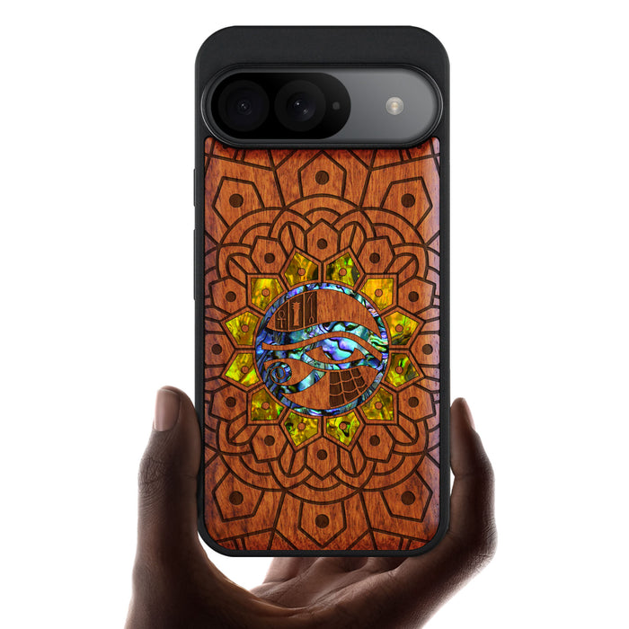 Eternal Horus Mandala, Hand-Inlaid Wood & Mother of Pearl Case - Artisanal Cover for Google Pixel