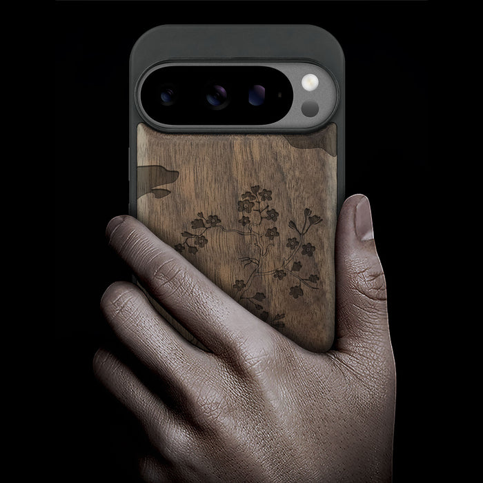 Mount Fuji and the Ocean Through Cherry Blossom, Classic Engraved Wood & TPU Case - Artisanal Cover for Google Pixel