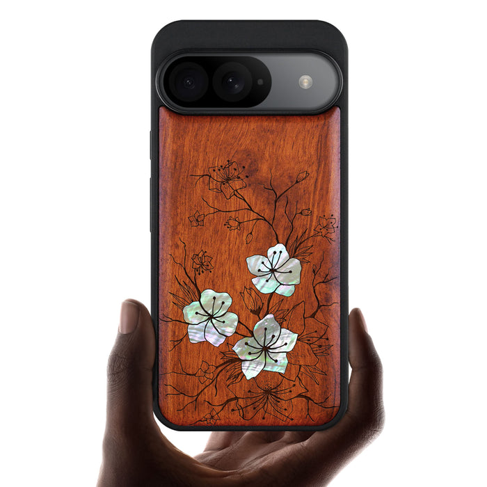 Whispering Sakura Blooms, Hand-Inlaid Wood & Mother of Pearl Case - Artisanal Cover for Google Pixel