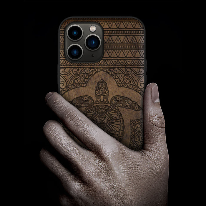 The Enigmatic Turtle of Timeless Patterns, Classic Engraved Wood & TPU Case - Artisanal Cover for Apple iPhone