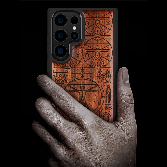 Vitruvian Man, Classic Engraved Wood & TPU Case - Artisanal Cover for Samsung Galaxy