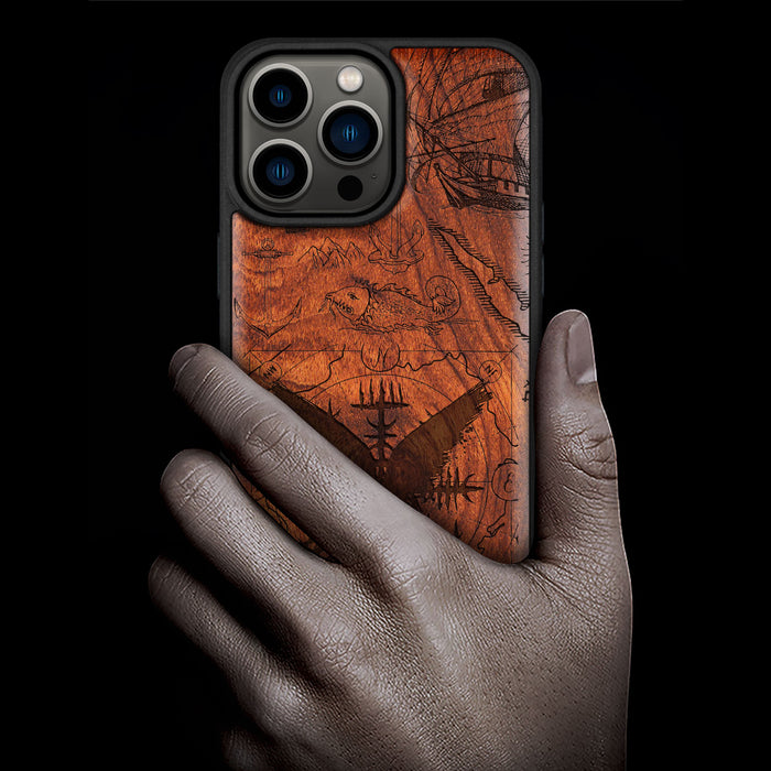 Splash Ink Vegvisir amidst Maritime Relics, Classic Engraved Wood & TPU Case - Artisanal Cover for Apple iPhone