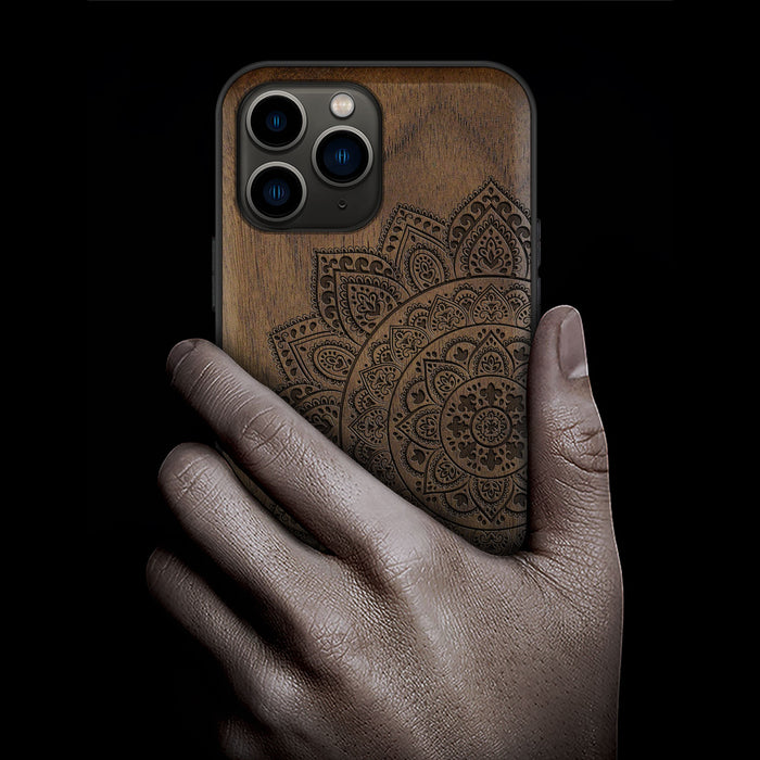 The Half Mandala Lace Pattern, Classic Engraved Wood & TPU Case - Artisanal Cover for Apple iPhone