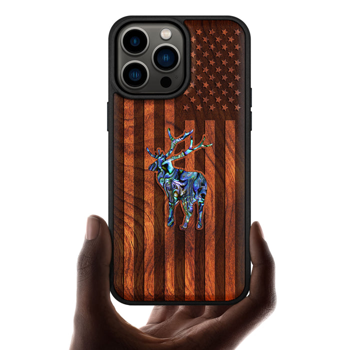 American Flag, Deer, Hand-Inlaid Wood & Mother of Pearl Case - Artisanal Cover for Apple iPhone