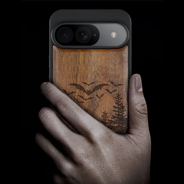 Bats Over the Forest, Classic Engraved Wood & TPU Case - Artisanal Cover for Google Pixel