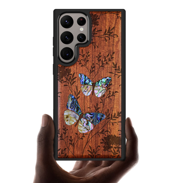 A Dance of Nature, Hand-Inlaid Wood & Mother of Pearl Case - Artisanal Cover for Samsung Galaxy