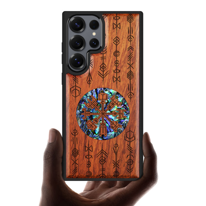 Echoes of Viking Lore, Hand-Inlaid Wood & Mother of Pearl Case - Artisanal Cover for Samsung Galaxy