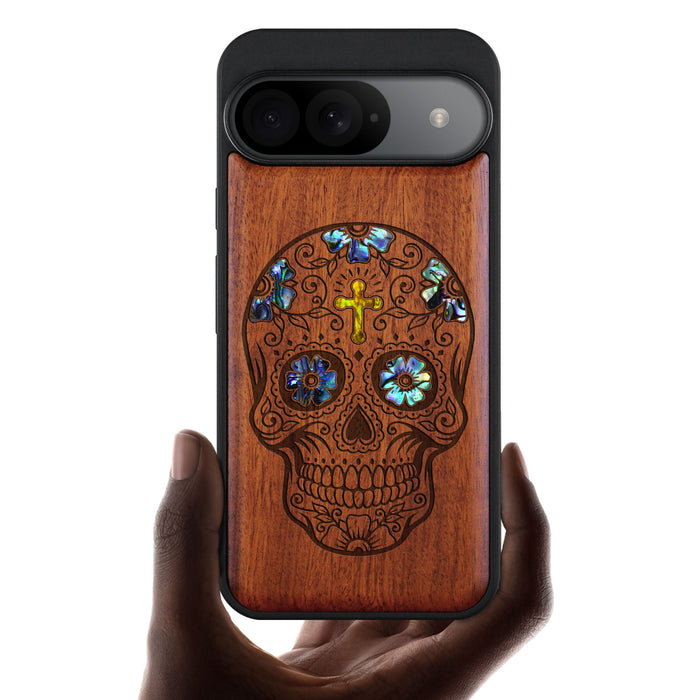 The Dia de los Muertos Sugar Skull, Hand-Inlaid Wood & Mother of Pearl Case - Artisanal Cover for Google Pixel