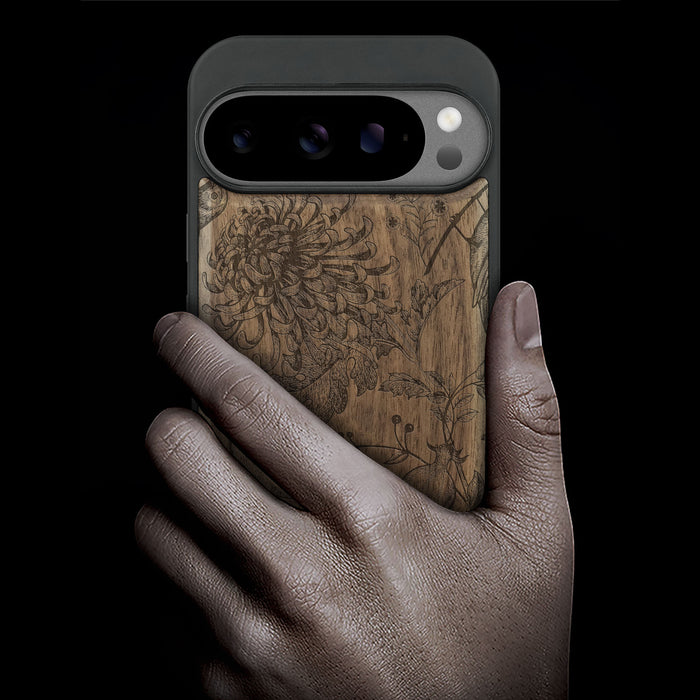 The Chrysanthemum and the Songbird, Classic Engraved Wood & TPU Case - Artisanal Cover for Google Pixel