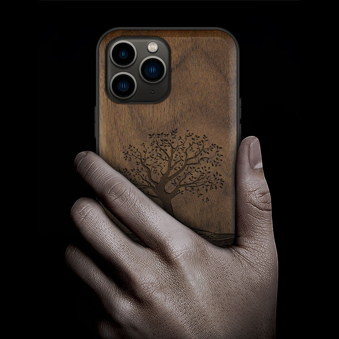 The Yin Yang Tree, Classic Engraved Wood & TPU Case - Artisanal Cover for Apple iPhone