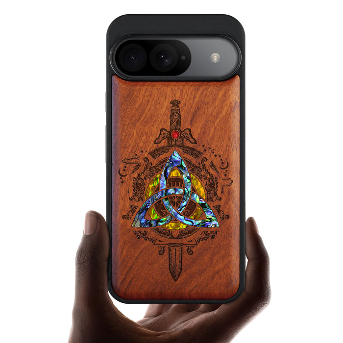 Norse Emblems, Hand-Inlaid Wood & Mother of Pearl Case - Artisanal Cover for Google Pixel