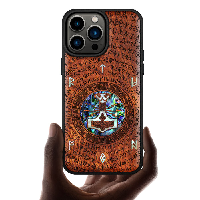 Mjölnir and the Runes, Hand-Inlaid Wood & Mother of Pearl Case - Artisanal Cover for Apple iPhone