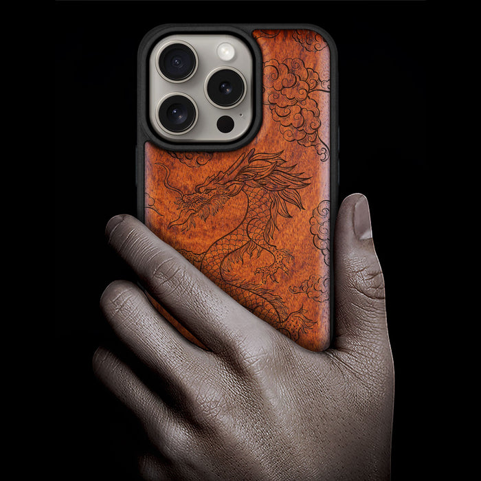 The Dragon's Ascent, Classic Engraved Wood & TPU Case - Artisanal Cover for Apple iPhone