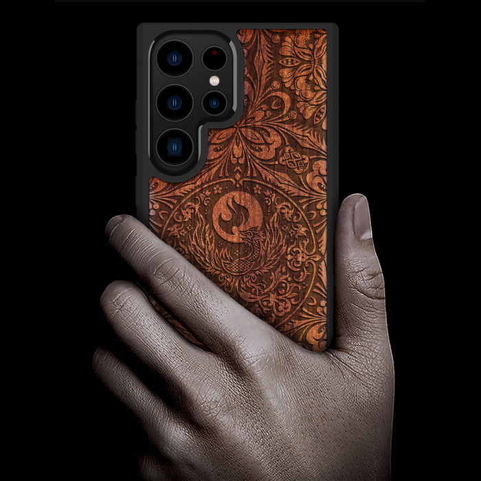 The Phoenix Mandala, Classic Engraved Wood & TPU Case - Artisanal Cover for Samsung Galaxy