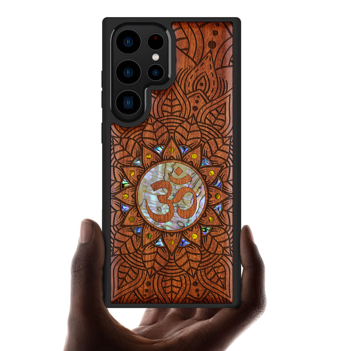 Harmony's Whisper Mandala, Hand-Inlaid Wood & Mother of Pearl Case - Artisanal Cover for Samsung Galaxy