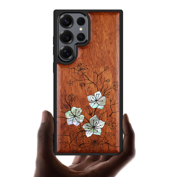 Whispering Sakura Blooms, Hand-Inlaid Wood & Mother of Pearl Case - Artisanal Cover for Samsung Galaxy